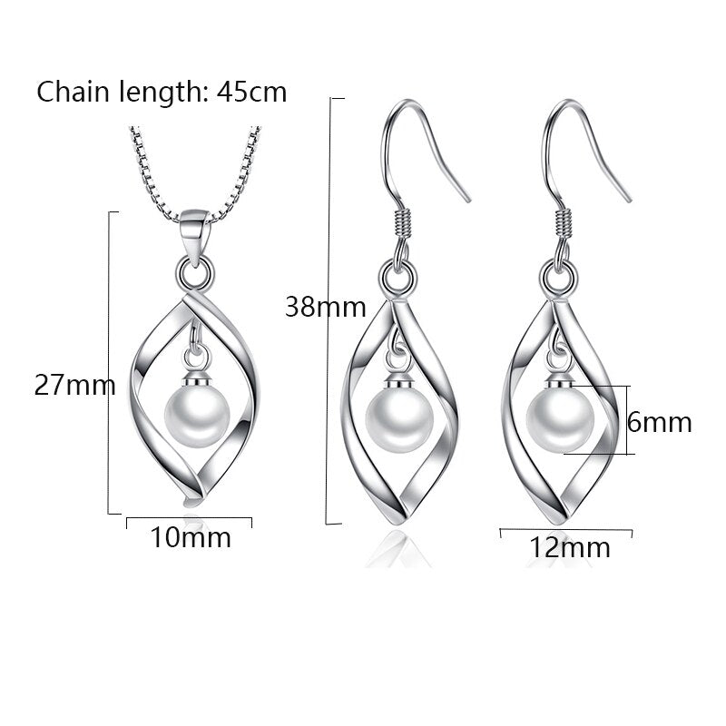 925 Sterling Silver Jewelry Sets Pearl Twist Water Drop Necklace+Earrings joyas de plata For Women Gift